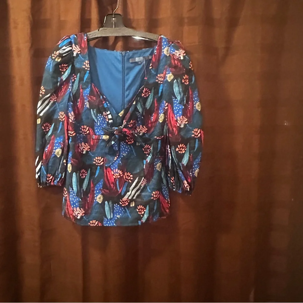 Anthropologie Eva Franco Tropical Sweetheart Neck Blouse Puff Sleeves size 12 - Picture 6 of 9